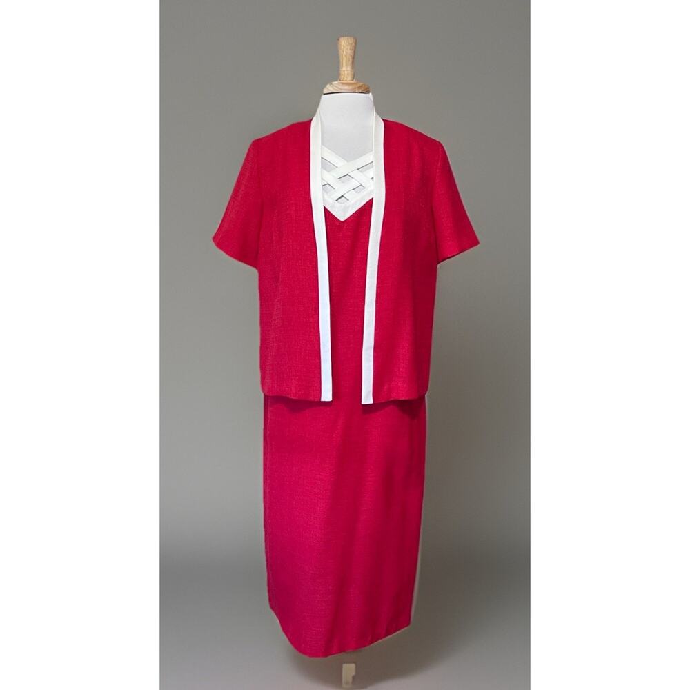 Nancy Michaels Red White Dress & Jacket Women's Size 12P Vintage Career Casual